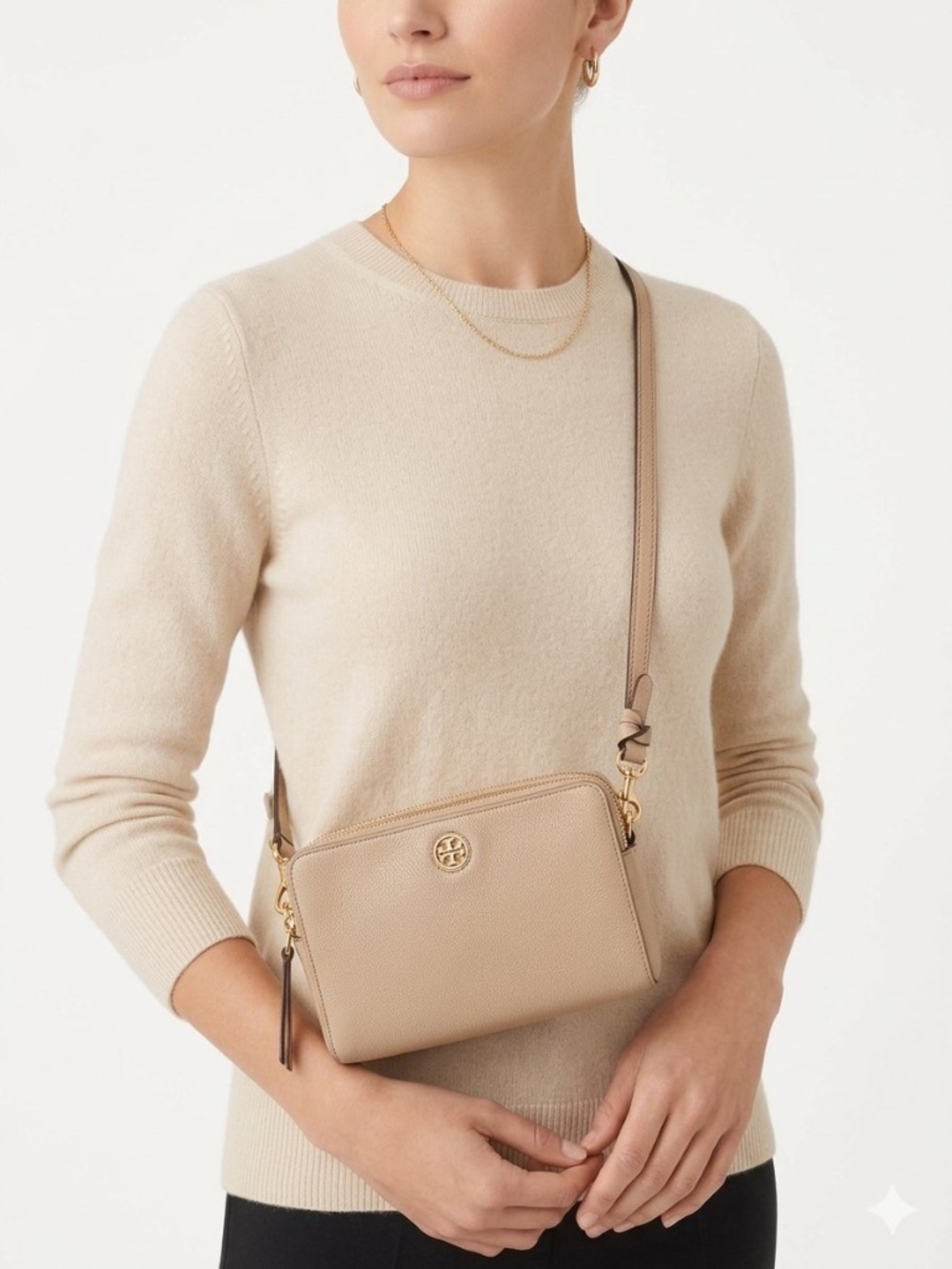 Tory Burch Pebbled Leather Double Zip Crossbody Bag Tan Minimalist Quiet Luxury